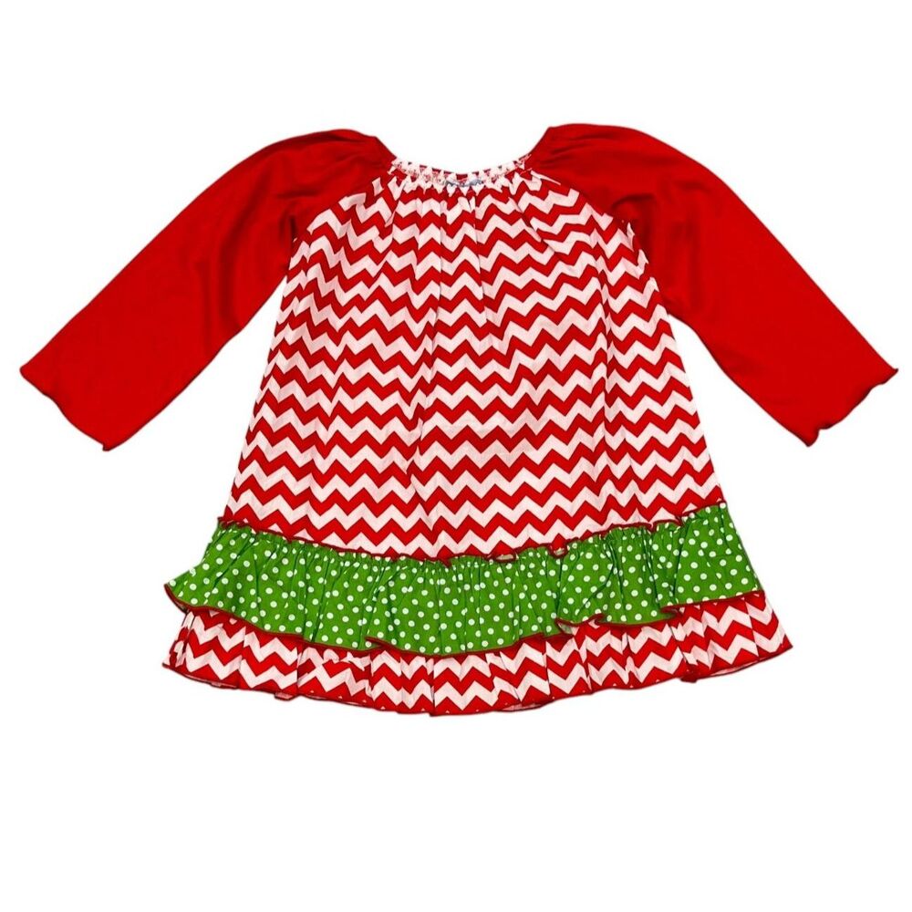 THREE SISTERS Smocked Dress Chevron Pattern Red/White/Green Ruffled Sz 4T